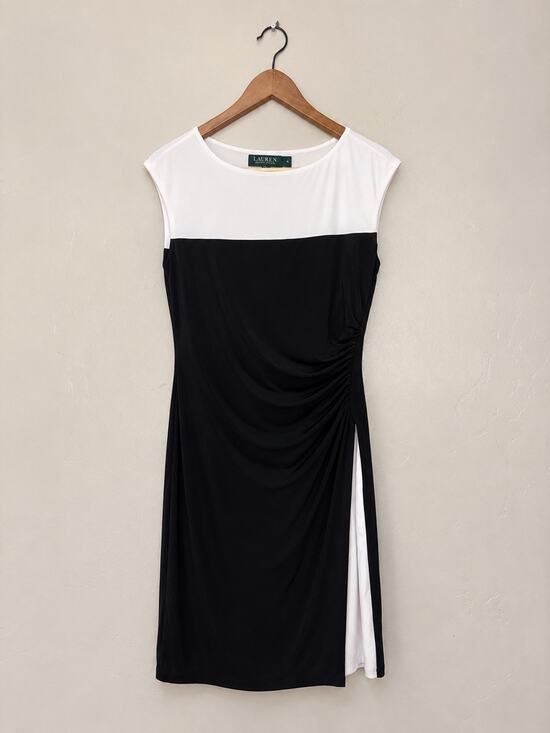 Ralph Lauren Dresses & Skirts - Ralph Lauren Silky Black & White Fitted Dress Size 6 Side Slit Classic Money LBD
